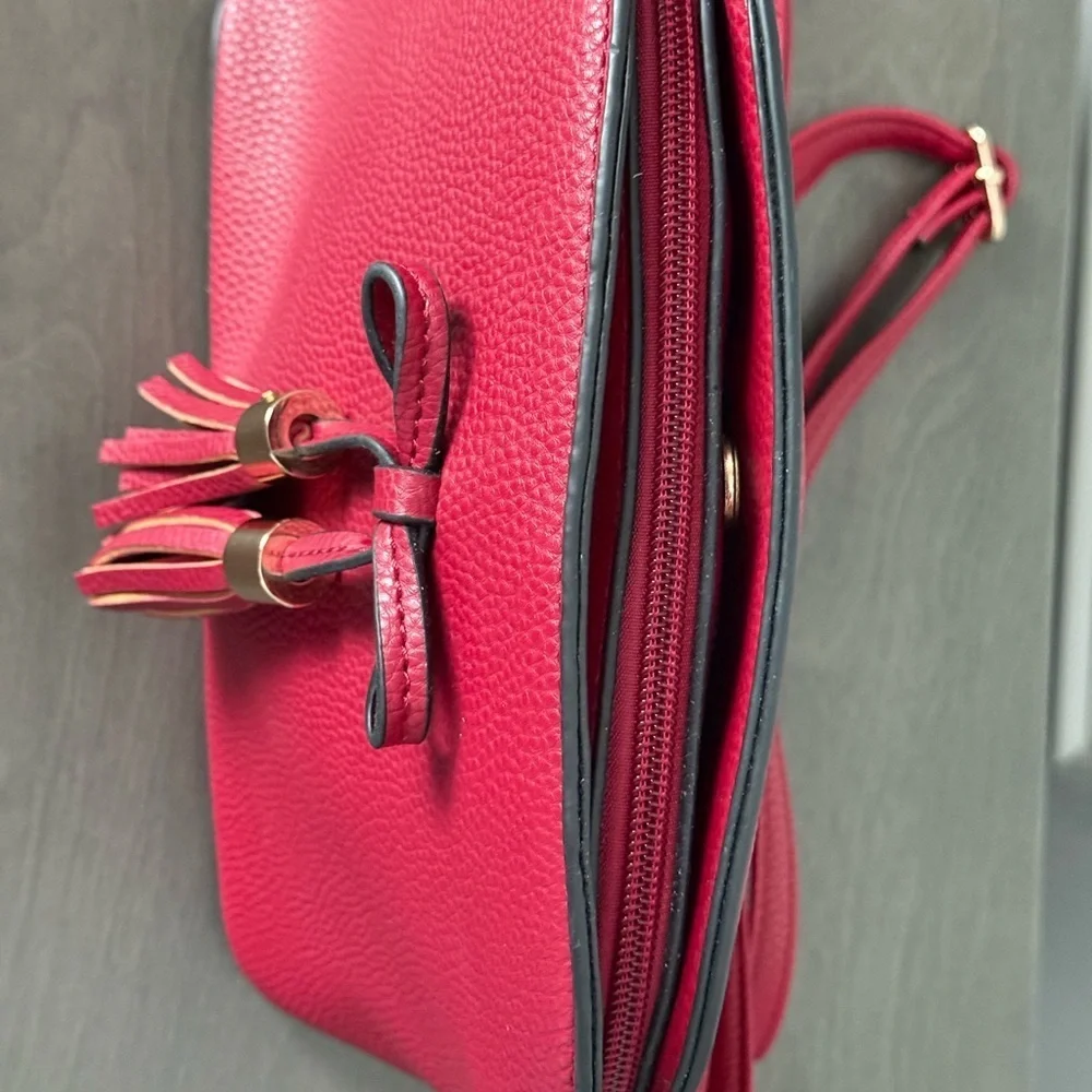 Fashionable Bow Tassel Zipper Crossbody Purse Adjustable Strap – Wine 8